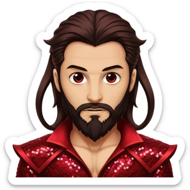 Samael, Venom of God from Gods and Goddesses with tan skin, long dark brown and beard, dark red sequin outfit sticker