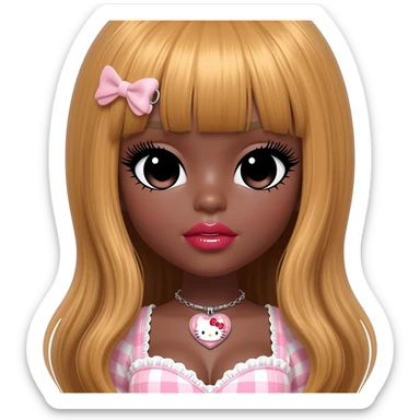 heart shaped lips, cute glossy lips, doll eyes with long lashes, dark brown skin, honey blonde hair, big chest, hello kitty necklace, one bow clip, bimbocore outfit sticker