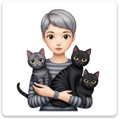 Girl with short pixie cut holding three cats, one black cat, one grey cat, and one grey-striped cat sticker