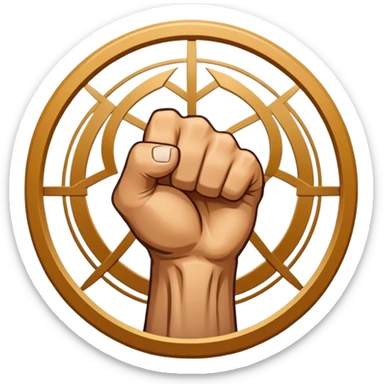 An emblem symbolizing striking martial arts, featuring a clenched fist in the center surrounded by dynamic lines representing speed and power. The background includes subtle elements of a combat ring and traditional martial arts symbols. Transparent background. sticker