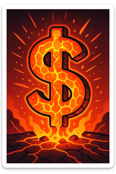 a dollar sign made of lava, fiery glow, intense heat effect sticker