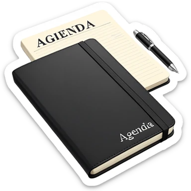 A professional-looking black Moleskine notebook opened flat showing a page with 'AGENDA' written at the top and a neat list of bullet points for meeting items sticker