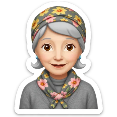A kind old Soviet village grandmother emoji — elderly woman wearing a floral headscarf tied under her chin, simple gray cardigan, warm smile, friendly face, flat emoji style, minimal Apple-like design. sticker
