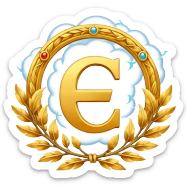 cartoonish emoji with the letter C, golden, surrounded by clouds and lightning, laurel wreath, hints of time like hourglass or clock hands, inspired by the gods of Olympus, representing Chronos sticker