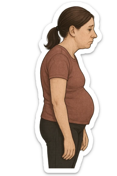 DONNA DI PROFILO CON LA POSTURA SBAGLIATA, LA PANCIA IN FUORI E LE SPALLE CHIUSE sticker