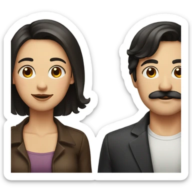Man with black hair and a moustache and woman with brown hair sticker