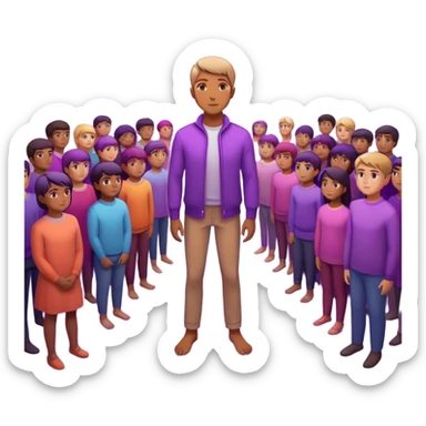 A charismatic person standing confidently in the center of a room, radiating a violet warm bright aura glow, he is calm with a lot of people around sticker