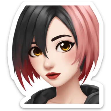 Gorgeous anime style lady with blushing face aesthetic and pretty edgy black red punk hair with hair garment trending style sticker
