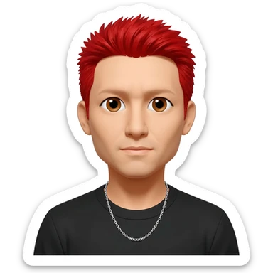 Mike Shinoda with brown eyes, red hair, black metallic t-shirt, silver necklace sticker