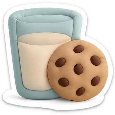 a soft and plush cushion style illustration of a glass of milk and a chocolate chip cookie, pastel colors sticker