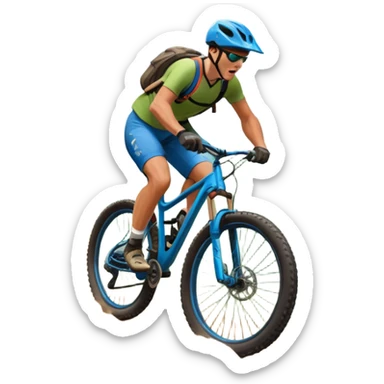 An icon featuring a mountain bike with thick tires on a rugged trail. A cyclist in a helmet rides downhill, kicking up dust. The background showcases a breathtaking mountain landscape with green slopes, rocky peaks, and a bright blue sky. Transparent background emphasizes adventure and speed sticker