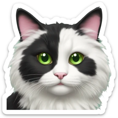 fluffy tuxedo cat with green eyes and pink nose sticker