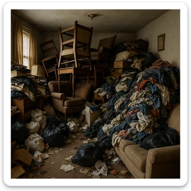 an interior scene of a room filled with stacked furniture, clothes, and trash, showing a hoarding environment, cluttered, messy, chaotic sticker