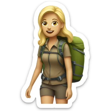A blonde woman traveler with a backpack is hiking in the mountains. sticker