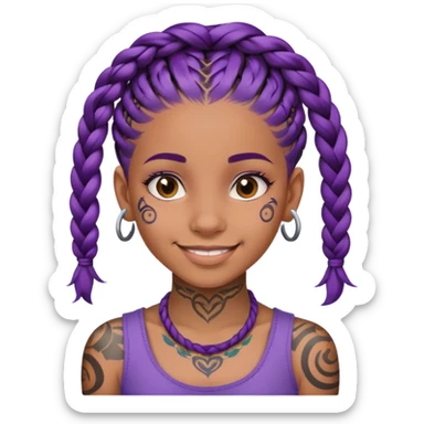 Con gái, 15 tuổi, cười mỉm, da nâu, tóc tím tết tóc cuốn lọn trên đầu, xăm trên mặt sticker