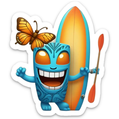 Cartoon Blue and orange smiling tiki with butterfly and surfboard sticker
