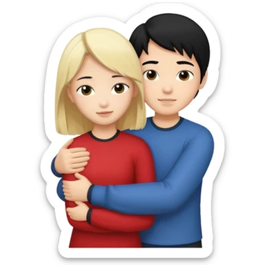 asian boy with black hair and blonde girl hugging sticker