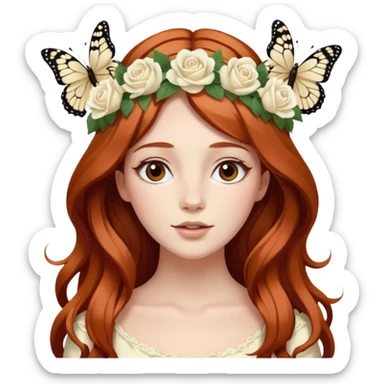 Woman with long flowing auburn hair wearing a flower crown with white and cream colored roses and butterflies in it sticker