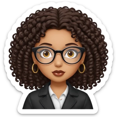 pretty bratz baddie, dark brown curly hair, brown eyes, glasses sticker