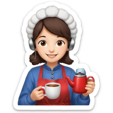 A cozy vendor with fluffy earmuffs, wearing apron handing out steaming cocoa with a warm smile. sticker