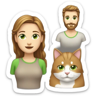 Woman with light straight brown hair and green eyes and a heavy man with a beard and two cats white and another black sticker