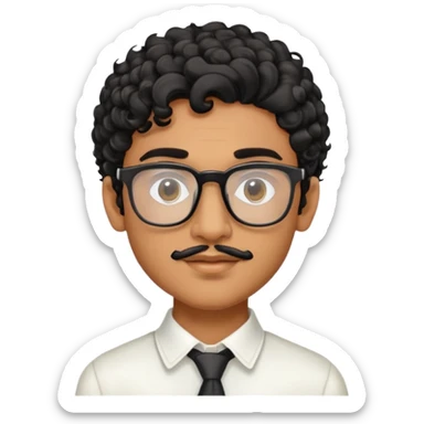 An Indian brown boy with curly black hair, prominent facial features like a jawline, and nose. With Prada transparent glasses and little facial hair sticker