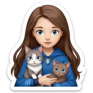 gorgeous Girl with light skin, blue eyes, long brown hair, wears a ravenclaw outfit, with a grey and white cat holding in her arms sticker