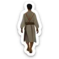 A man walks a winding path from a dark, foggy landscape filled with shadows toward a glowing mountaintop. A light grows in his chest as he follows his intuition. Along the way, he passes symbols of ambition and emptiness, until he reaches a golden tree under a starry sky, and ready to uplift others. sticker