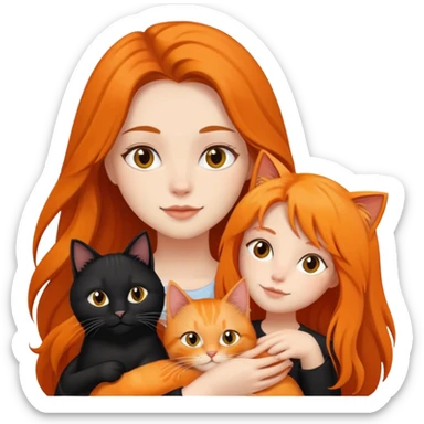 A black long haired girl holding a black cat and an orange long haired cat sticker