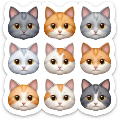 6 realistic looking cats with different natural coloured coats, assorted grey and white, greys, calico, brown and white colours etc
 sticker