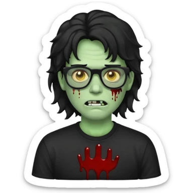 Crie um zumbi com sangue estilo emoji do iPhone com cabelo ondulado grande preto com camiseta preta e óculos de grau preto sticker