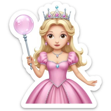 glinda the good witch from wicked movie, blonde hair, beautiful, big silver thin tiara, bubble wand, pink gown sticker