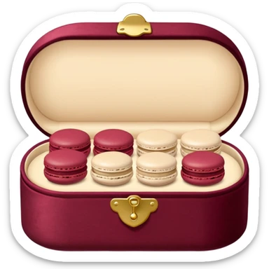 lots of light beige macarons in a burgundy box sticker