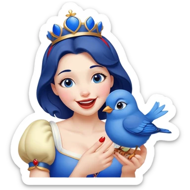 Cinematic Adorable Snow White Portrait Emoji, Giggling as a bluebird perches on her finger, cheeks rosy with joy, bright expressive eyes full of wonder, her innocence and beauty blending into a heartwarming moment! sticker