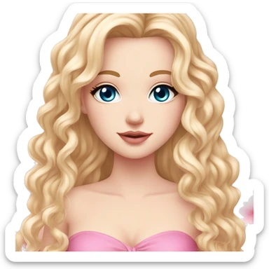 White girl 🧝🏻‍♀️, blue eyes, blond very long curly hair, pink lips, pink sexy dress. Background long. Sakura sticker