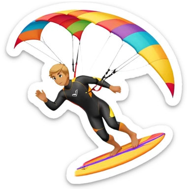 The scene captures the energy and freedom of the sport, with the sun shining and the ocean's waves splashing around. A kite surfer gliding across the ocean, with a colorful kite soaring high in the sky and the surfer carving through the waves.  sticker