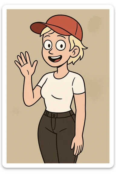 A woman Very Light Blonde short hair Red Ultimate panel Cap white top black jeans a hand say hello sticker