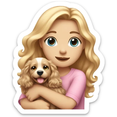 Please create a girl who hugs her pet doggie. The girl has a cute face and so does the doggie. The girl has light skin, blue eyes and pink wavy long hair. sticker