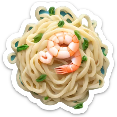 long thin pasta noodles on a blue plate with white sauce and shrimp, green background, top down view sticker