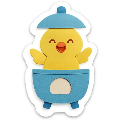 soft yellow egg cooker chick, popping out of the lid, smiling brightly, full-body sticker