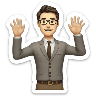 To belt Actively gesturing with hands Okay Pale skinned fit man with dark brown hair in gray jacket, beige office shirt, brown tie, brown pants and vintage glasses. sticker