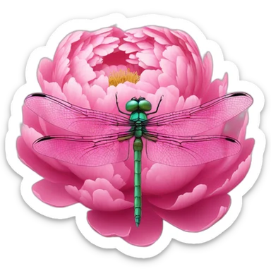 Dragonfly is sitting in middle of the pink peony sticker