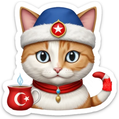 Arkasında Türk bayrağı olan  ve çay içen kafasına fes takan bir van kedisi sticker