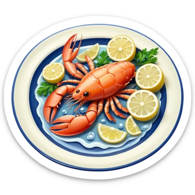 seafood on a porcelain platter with lemon  sticker