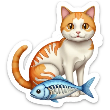 cat full body sitting with fish skeleton in mouth sticker