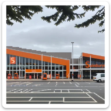 Isometric view of a Sainsbury's supermarket building with orange signage, large glass entrance, shopping trolleys, and car park with parent-child parking spaces sticker