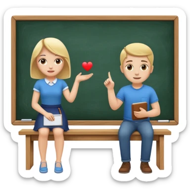 Girl is teaching a guy how to make emojis. Girl at blackboard, guy on bench learning. sticker