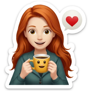 Excited long haired redhead drinking coffee with a sign in front saying GTSY sticker