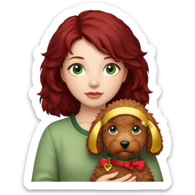 Girl with dark red hair green eyes holding a beige goldendoodle sticker