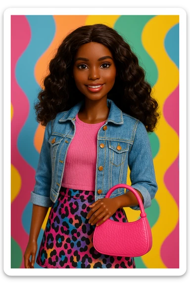 Barbie with dark skin and wavy hair, trendy outfit, holding a purse, friendly expression sticker
